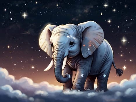 An adorable baby elephant set against a beautiful night sky dotted with stars