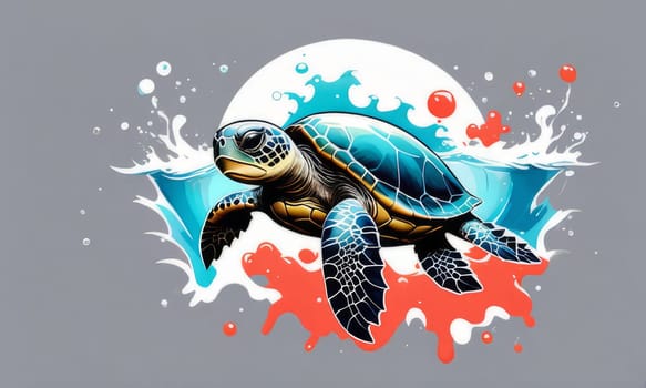 Majestic turtle is seen gliding effortlessly through water, its movements slow, graceful. For Tshirt design, posters, postcards, other merchandise with marine theme, childrens books