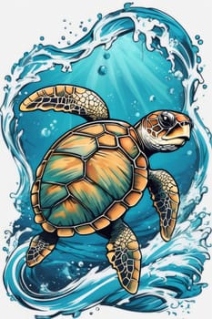 Turtle gracefully swimming in water. For educational materials for kids, game design, animated movies, tourism, stationery, Tshirt design, posters, postcards, childrens books