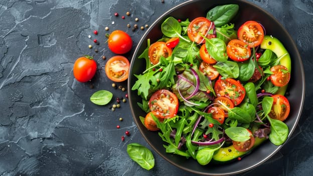 A bowl of salad with tomatoes, lettuce and other vegetables