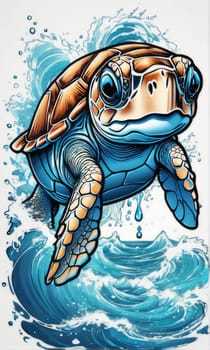 Turtle glides through its aquatic environment, showcasing beauty, tranquility of underwater world. For Tshirt design, posters, postcards, other merchandise with marine theme, childrens books, tourism