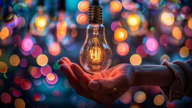 A person holding a light bulb in their hand with colorful lights behind them