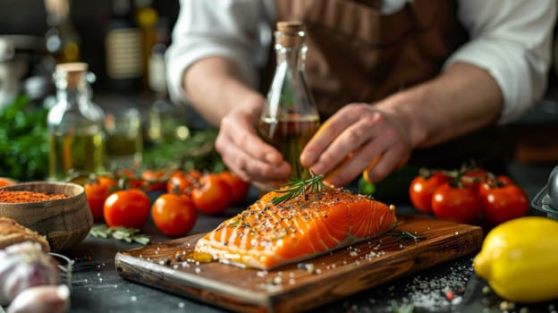 A man is seasoning a salmon on top of wooden cutting board