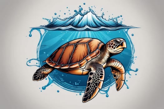 Vibrant sea turtle elegantly maneuvering its way through shimmering azure ocean depths, showcasing beauty, tranquility of marine life in its natural habitat.For fashion, clothing design, Tshirt design