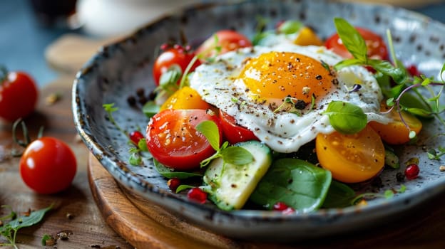 A plate of a bowl filled with vegetables and an egg