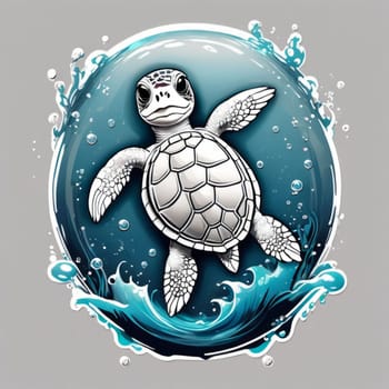 Turtle gracefully swimming in water surrounded by bubbles, showcasing its serene underwater world. For Tshirt design, posters, postcards, other merchandise with marine theme, childrens books