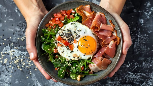 A person holding a bowl of food with an egg on top