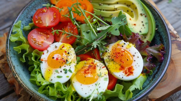 A bowl of a salad with eggs, tomatoes and avocado