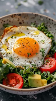 A plate of a breakfast dish with an egg and vegetables