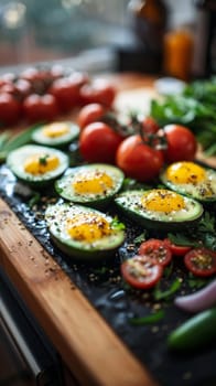A close up of a cutting board with vegetables and eggs