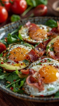 A plate of a dish with eggs, bacon and tomatoes on it