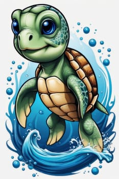 Majestic turtle glides effortlessly through clear blue waters, its shell glistening in sunlight. For educational materials for kids, game design, animated movies, tourism, stationery, Tshirt design