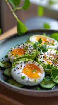 A plate of a meal with eggs and cucumbers on it
