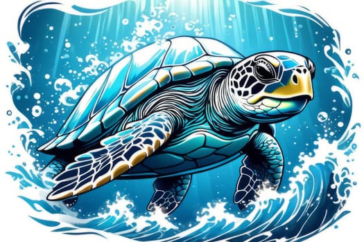 Serene turtle gracefully swimming through water amidst trail of bubbles. For fashion, clothing design, animal themed clothing advertising, as illustration for interesting clothing style, Tshirt design