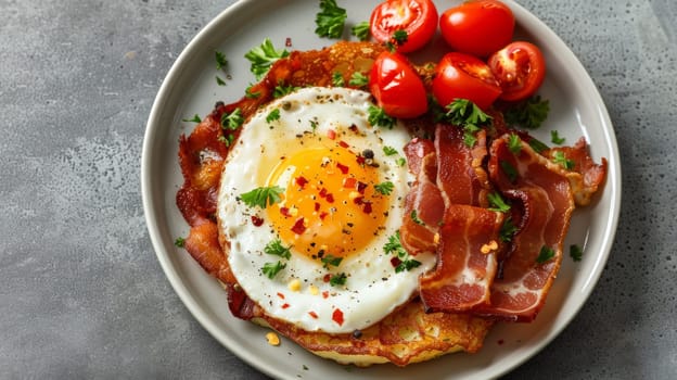 A plate of bacon, eggs and tomatoes on a white table