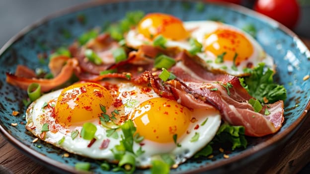 A plate of bacon, eggs and greens on a blue bowl