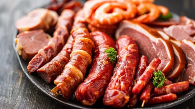 A plate of meat and vegetables on a table with shrimp