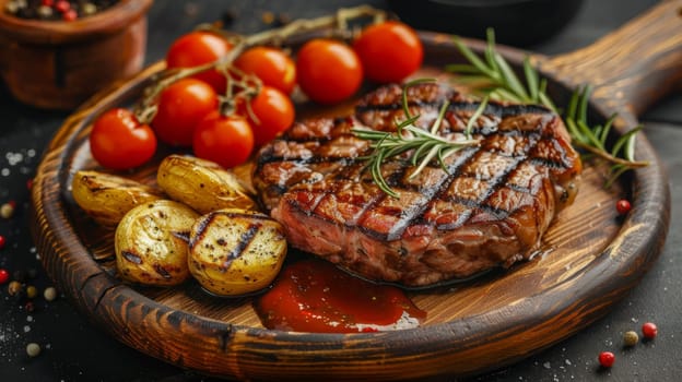A steak with tomatoes and potatoes on a wooden plate