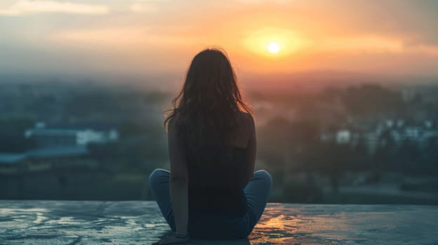 A woman sitting on a ledge looking at the sunset