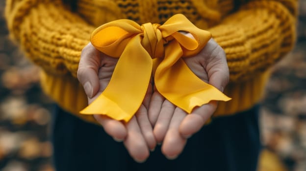 A person holding a yellow ribbon in their hands