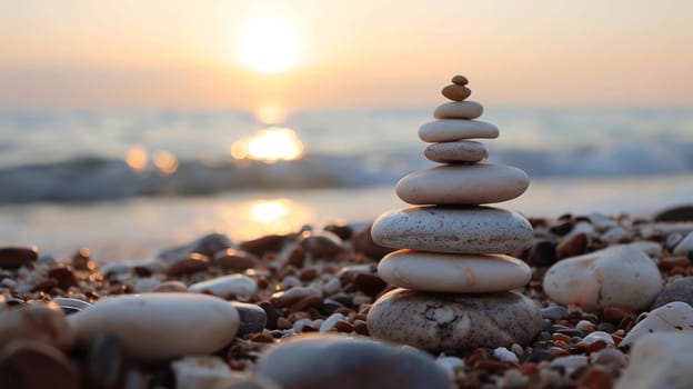 A stack of rocks on a beach with the sun setting in front
