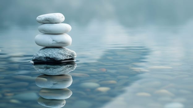 A stack of rocks balanced on top of each other in the water
