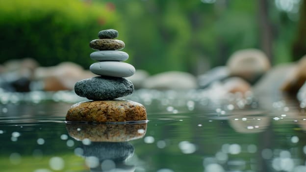 A stack of rocks balanced on top of each other in a pond