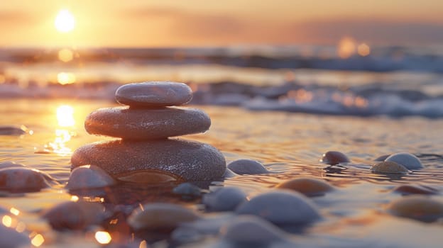 A stack of rocks in the water at sunset