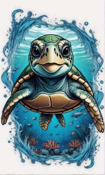 Majestic sea turtle gracefully gliding through crystal-clear waters of ocean. For educational materials for kids, game design, animated movies, tourism, stationery, Tshirt design, clothing design