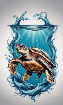 Vibrant sea turtle elegantly maneuvering its way through shimmering azure ocean depths, showcasing beauty, tranquility of marine life in its natural habitat.For fashion, clothing design, Tshirt design