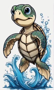 Turtle gracefully swimming in water surrounded by bubbles, showcasing its serene underwater world. For Tshirt design, posters, postcards, other merchandise with marine theme, childrens books