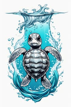 Majestic turtle glides effortlessly through clear blue waters, its shell glistening in sunlight. For educational materials for kids, game design, animated movies, tourism, stationery, Tshirt design