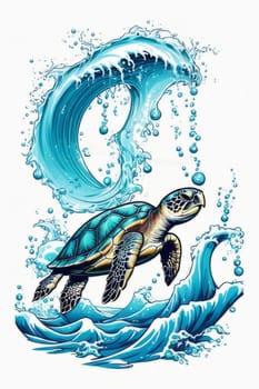 Serene turtle gracefully swimming through water amidst trail of bubbles. For fashion, clothing design, animal themed clothing advertising, as illustration for interesting clothing style, Tshirt design