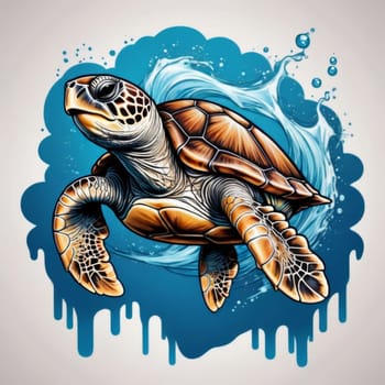 Majestic turtle is seen gliding effortlessly through water, its movements slow, graceful. For Tshirt design, posters, postcards, other merchandise with marine theme, childrens books