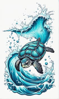 Turtle riding wave on white background. For Tshirt design, posters, postcards, other merchandise with marine theme, childrens books, educational materials for kids, tourism, stationery