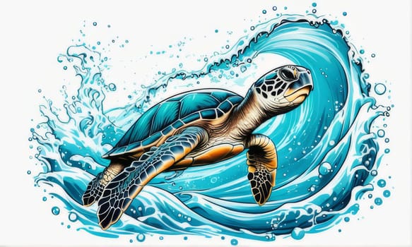 Turtle riding wave on white background. For Tshirt design, posters, postcards, other merchandise with marine theme, childrens books, educational materials for kids, tourism, stationery