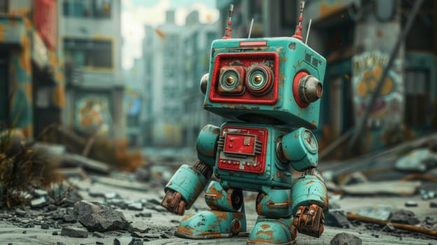 A small robot is standing on a city street with rubble