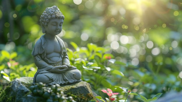 A statue of a buddha sitting on top of some rocks
