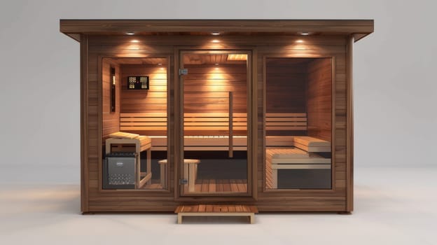 A wooden sauna with a glass door and benches inside