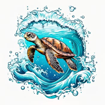 Turtle glides through its aquatic environment, showcasing beauty, tranquility of underwater world. For Tshirt design, posters, postcards, other merchandise with marine theme, childrens books, tourism