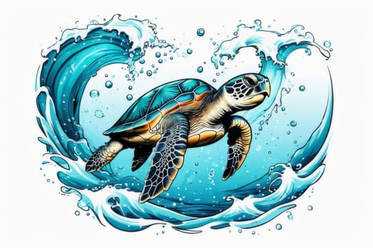 Majestic turtle glides effortlessly through clear blue waters, its shell glistening in sunlight. For educational materials for kids, game design, animated movies, tourism, stationery, Tshirt design