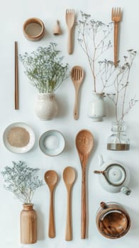 A table with a variety of wooden utensils and spoons