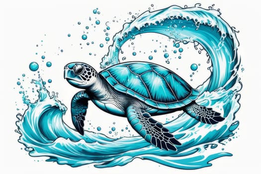 Serene turtle gracefully swimming through water amidst trail of bubbles. For fashion, clothing design, animal themed clothing advertising, as illustration for interesting clothing style, Tshirt design