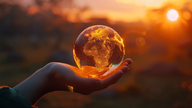 A person holding a globe in their hand with the sun setting behind them