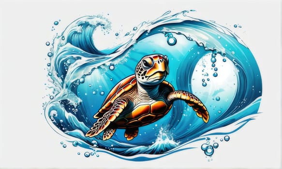 Turtle riding wave on white background. For Tshirt design, posters, postcards, other merchandise with marine theme, childrens books, educational materials for kids, tourism, stationery