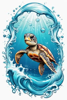 Turtle moves gracefully through water, its movements fluid, effortless. For fashion, clothing design, animal themed clothing advertising, as illustration for interesting clothing style, Tshirt design