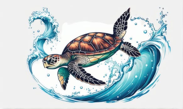 Turtle glides through its aquatic environment, showcasing beauty, tranquility of underwater world. For Tshirt design, posters, postcards, other merchandise with marine theme, childrens books, tourism