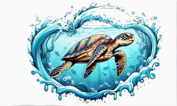 Majestic sea turtle gracefully gliding through crystal-clear waters of ocean. For educational materials for kids, game design, animated movies, tourism, stationery, Tshirt design, clothing design