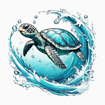 Turtle gracefully swimming in water surrounded by bubbles, showcasing its serene underwater world. For Tshirt design, posters, postcards, other merchandise with marine theme, childrens books