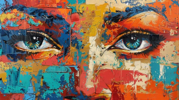 A painting of a woman's face with blue eyes and brown hair